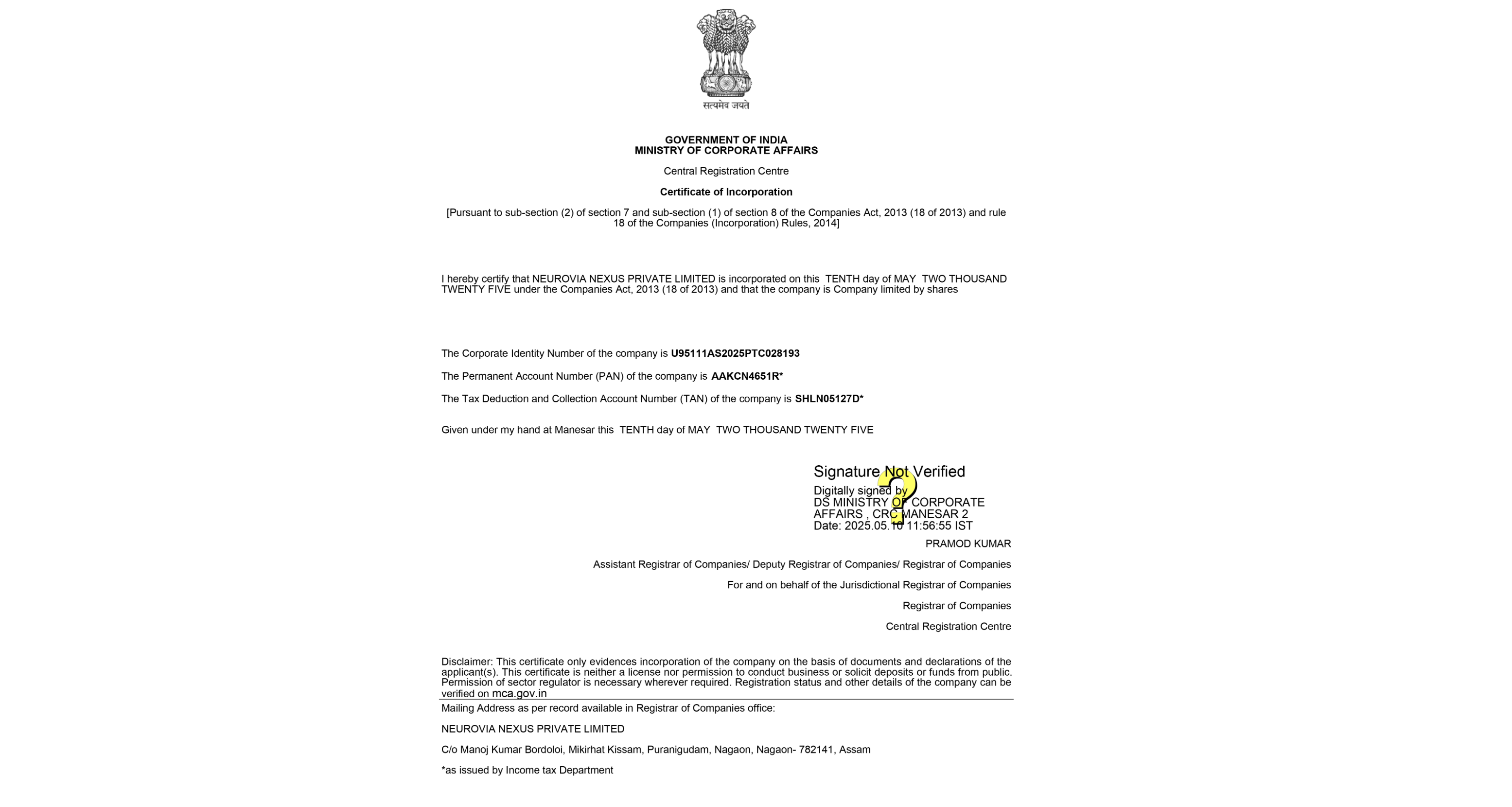 Certification Of Incorporation